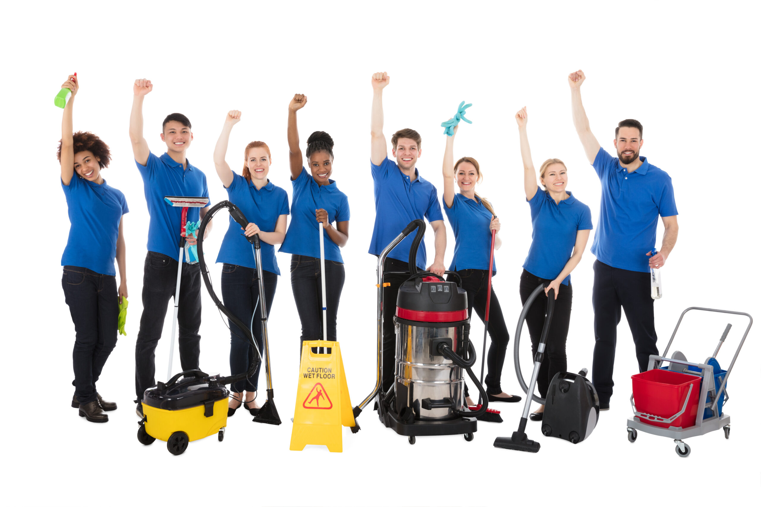 Group Of Happy Janitors With Cleaning Equipment